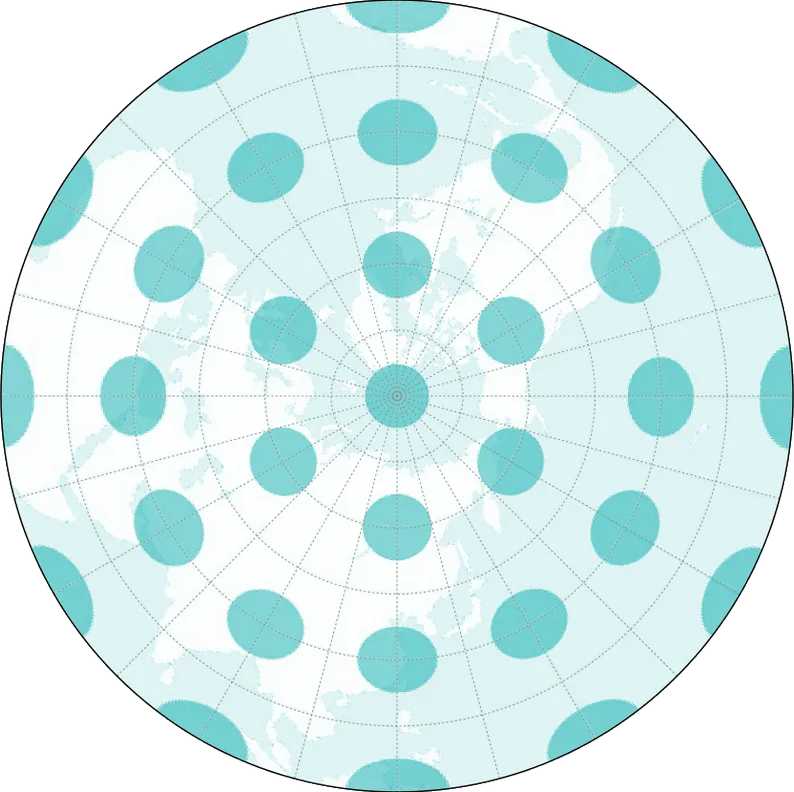 Azimuthal equidistant projection with its Tissot’s indicatrix.