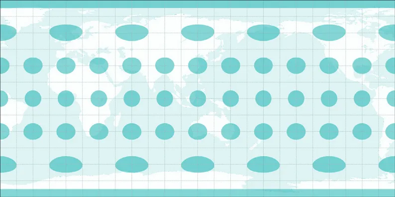 Equidistant map projection with its Tissot’s indicatrix.