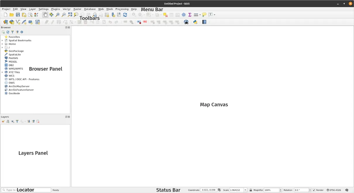 The parts of the QGIS interface