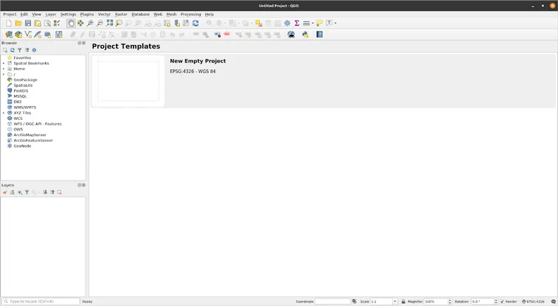 The QGIS interface on a fresh install