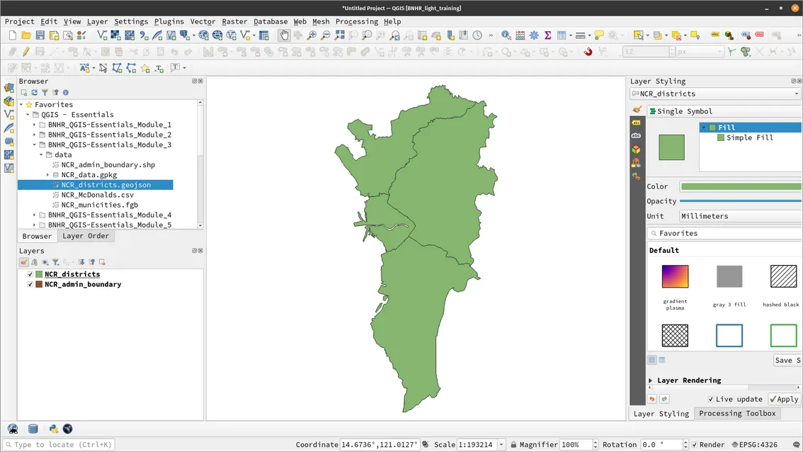 NCR_admin_boundary and NCR_districts loaded in QGIS