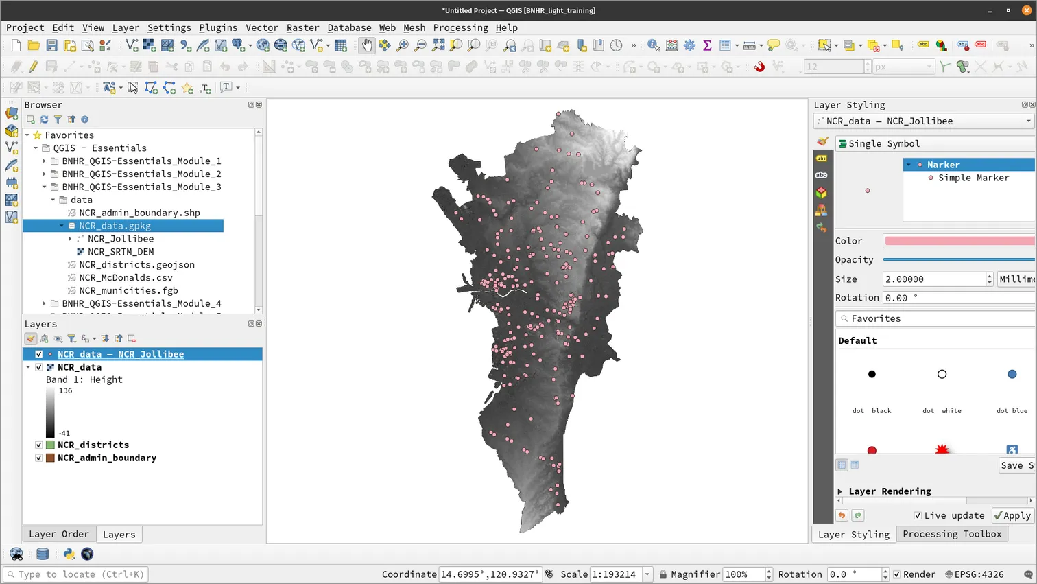 NCR_Jollibee and NCR_SRTM_DEM loaded in QGIS