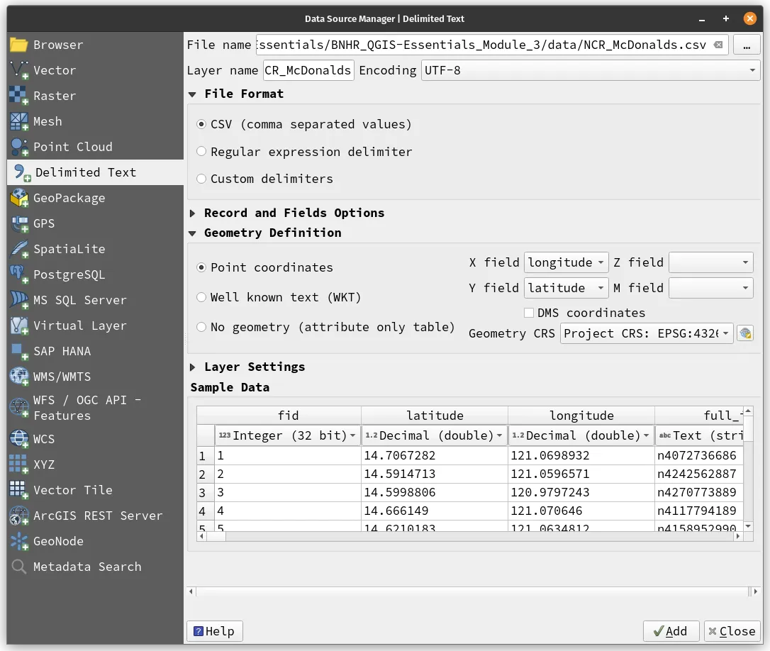 Add NCR_McDonalds via Data Source Manager