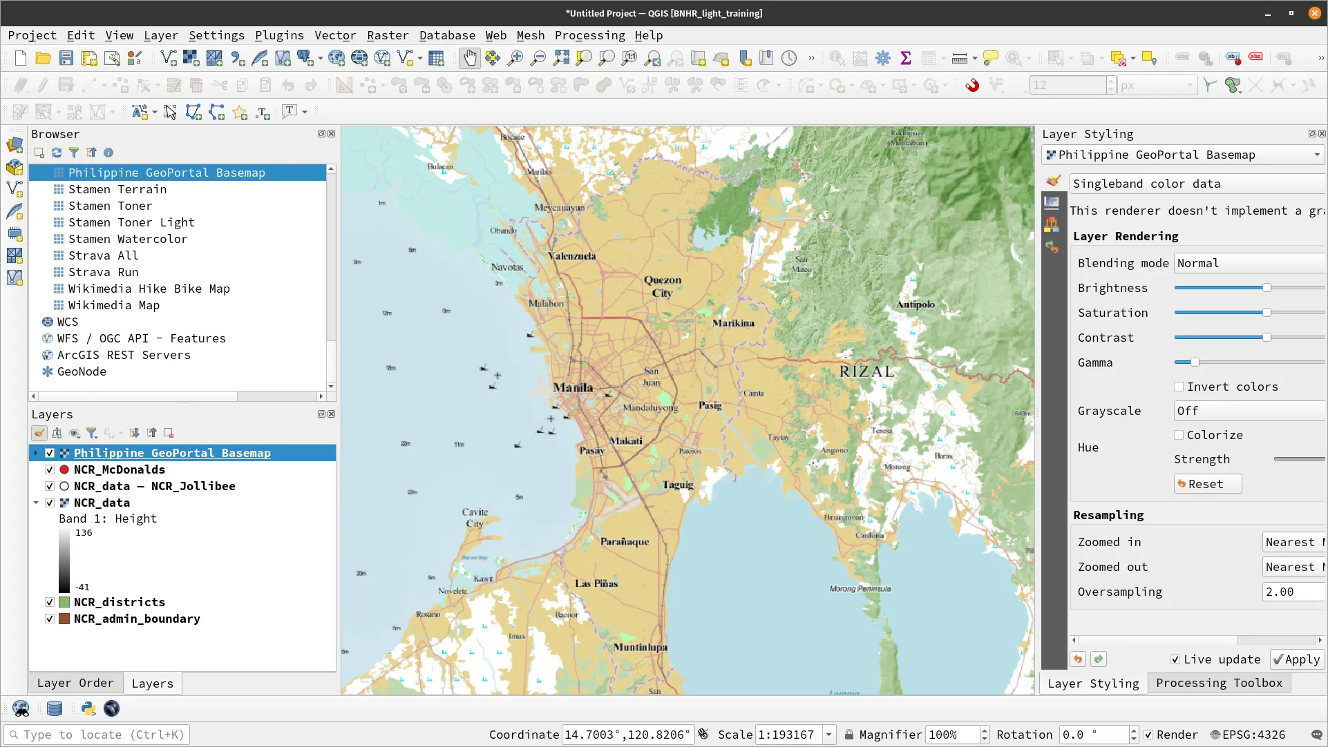 The PGP connection in the Browser Panel and layer loaded in QGIS