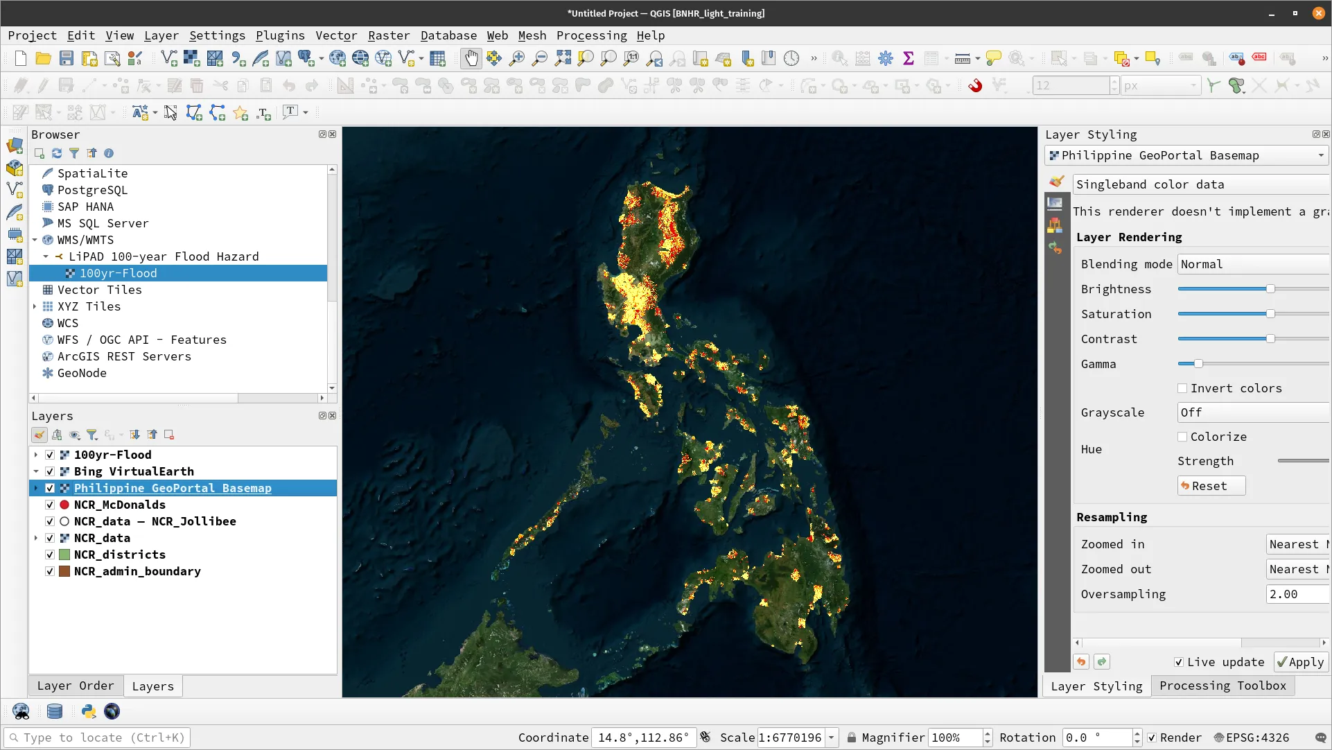 LiPAD 100-year Flood Hazard in the Browser Panel and layer loaded in QGIS