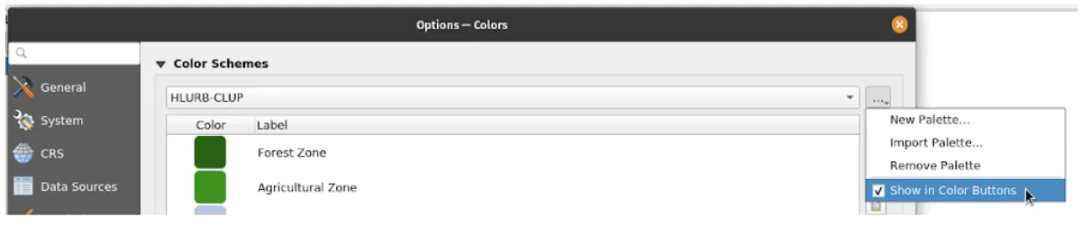 Show the palette in the QGIS Color Buttons