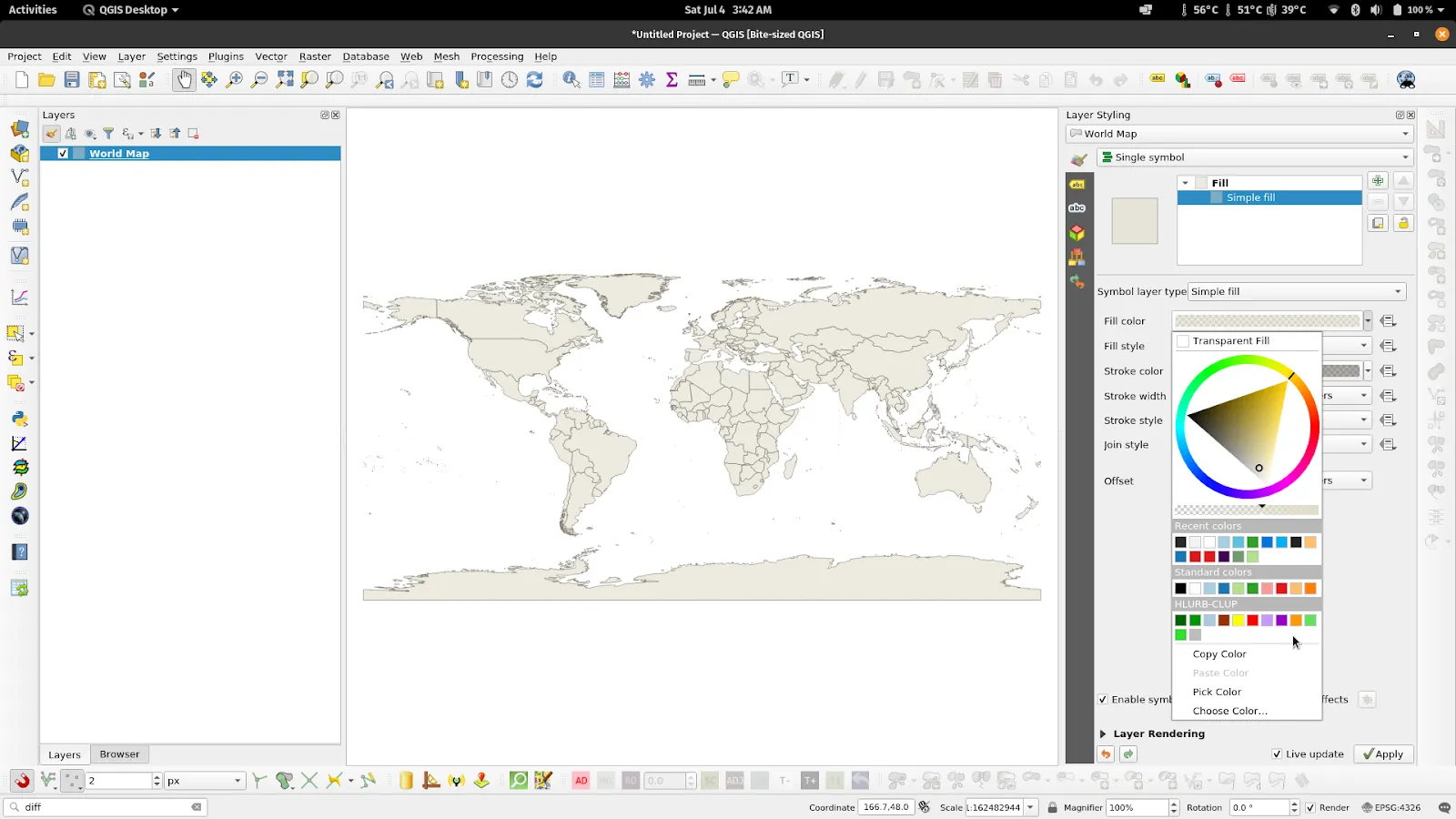 The HLURB-CLUP color palette appearing in the QGIS color button/dialog