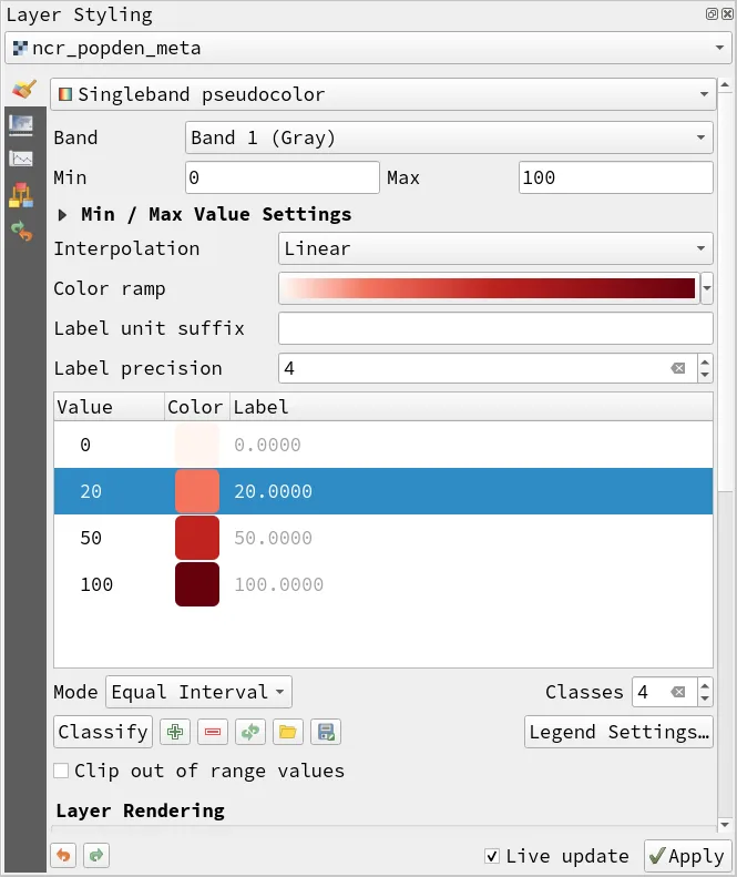 Singleband pseudocolor symbology parameters for the ncr_popden_meta layer