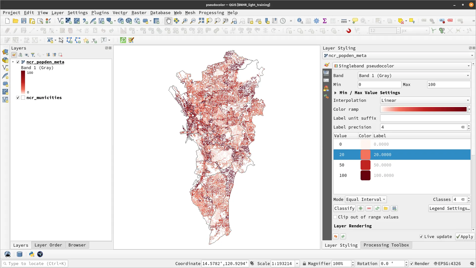 Singleband pseudocolor symbology applied to the ncr_popden_meta layer