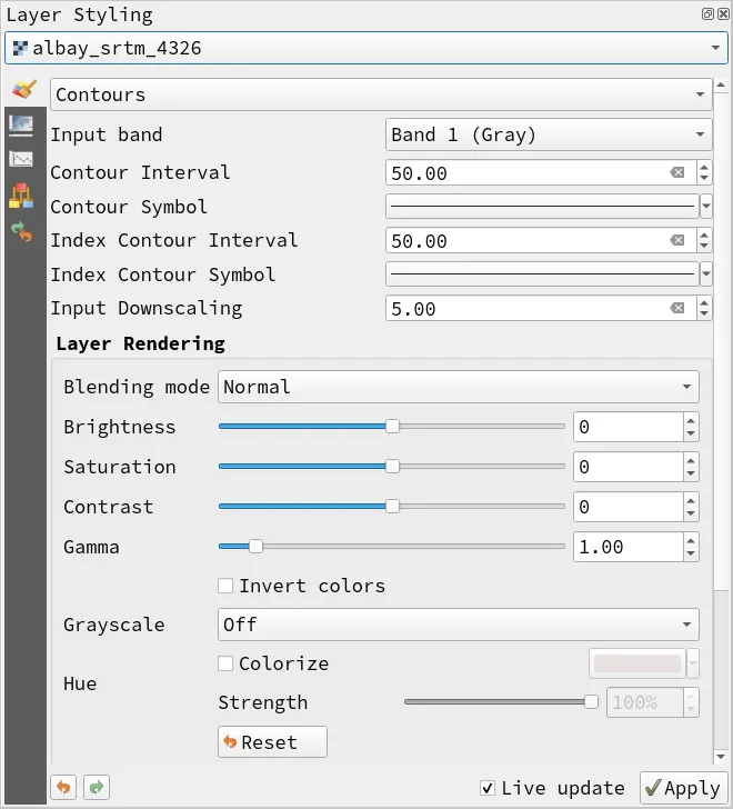 Contours symbology parameters for the albay_srtm_4326 layer