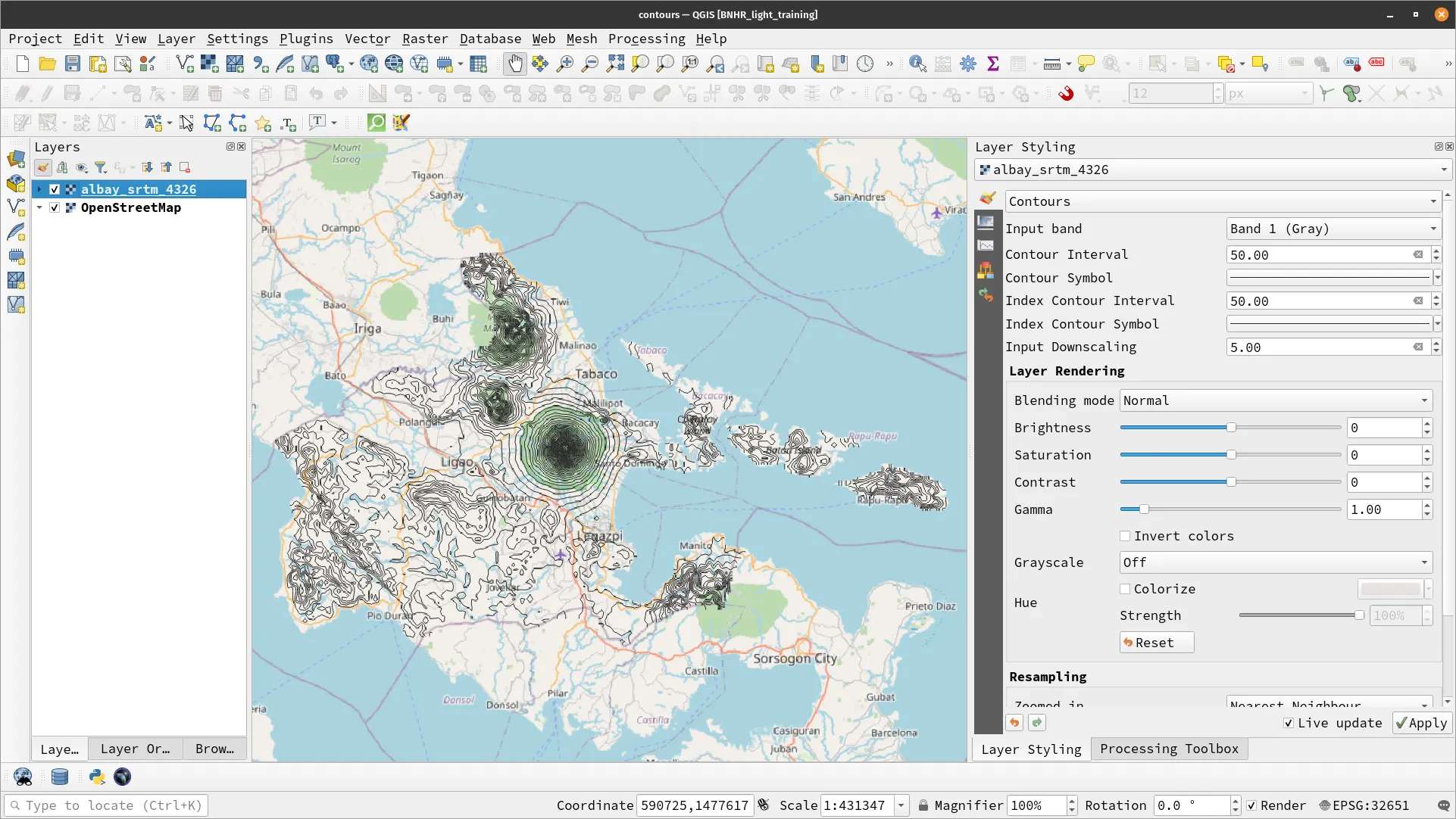 Contours symbology applied to the albay_srtm_4326 layer