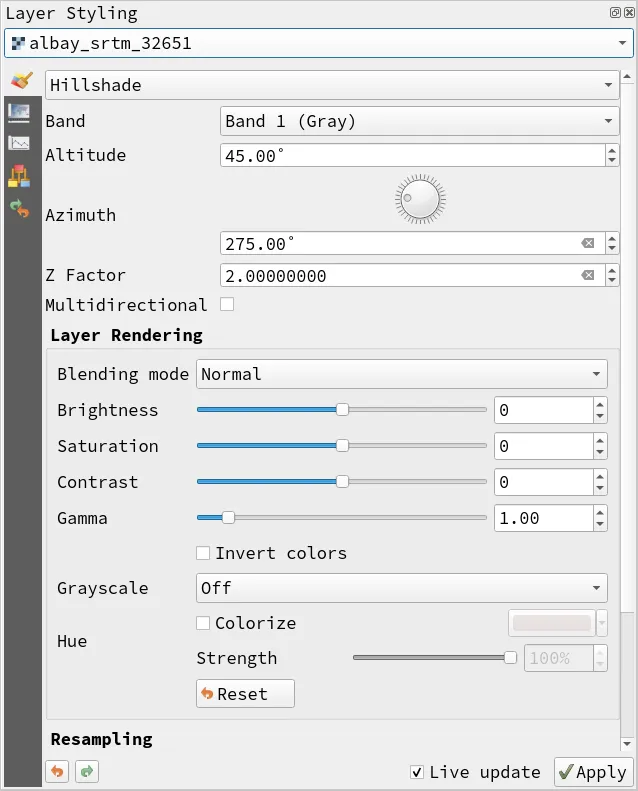 Hillshade symbology parameters for the albay_srtm_32651 layer