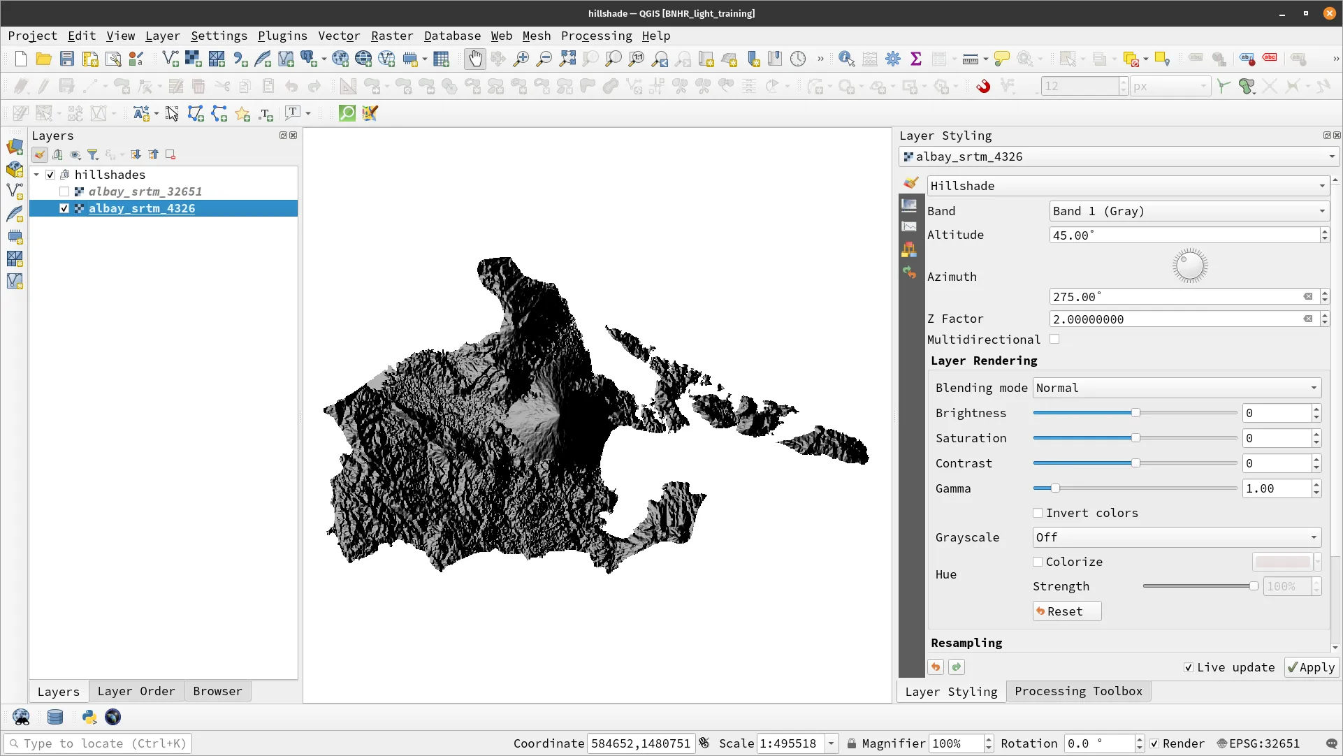 Hillshade for albay_srtm_4326 layer with the same parameters as albay_srtm_32651