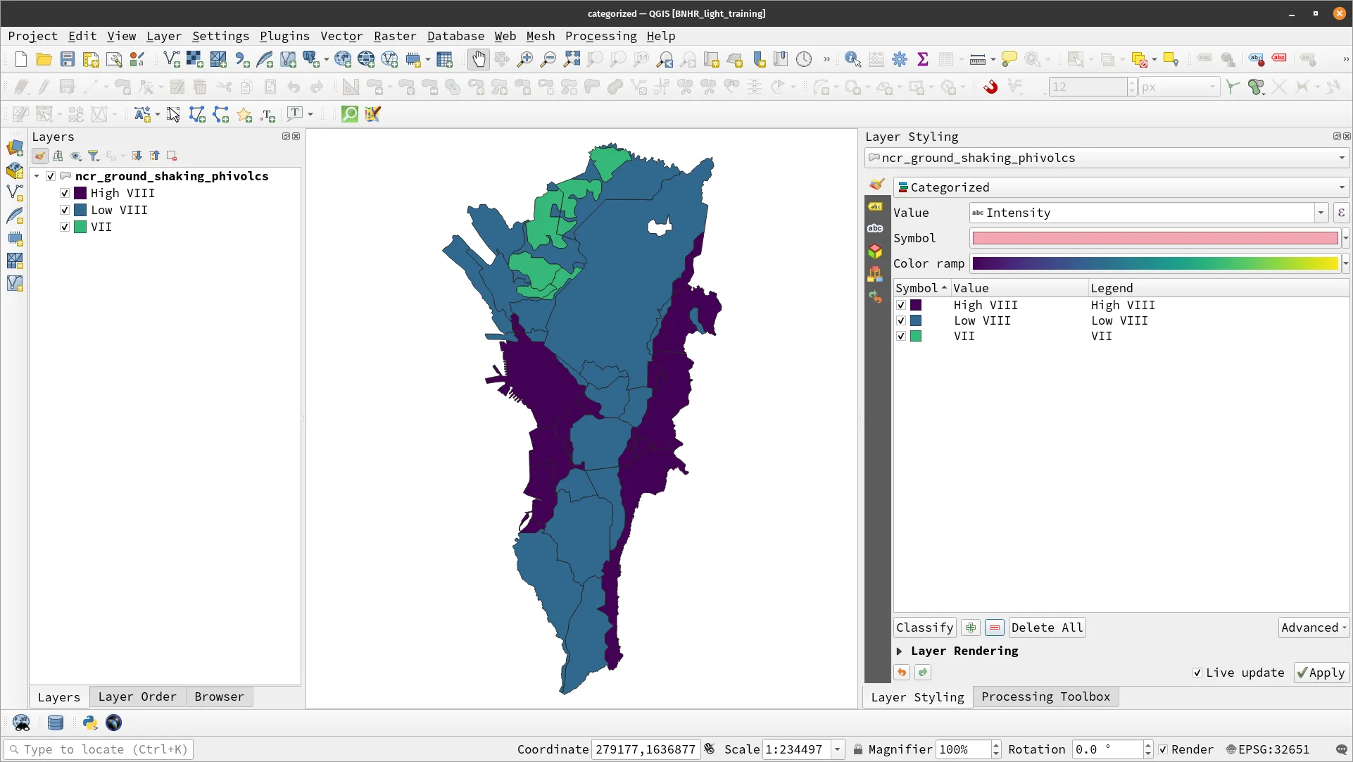 Categorized symbology applied to the ncr_ground_shaking_phivolcs layer