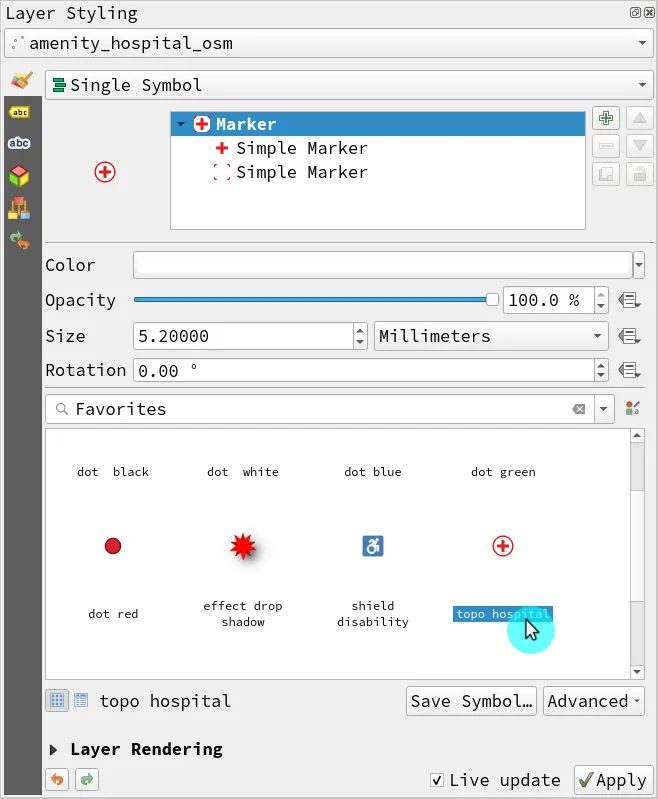 Applying a Single Symbol symbology to the amenity_hospital_osm layer