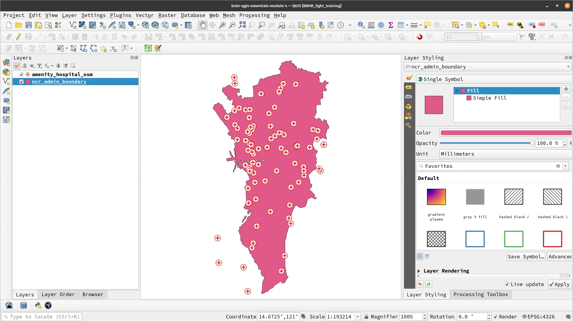 The amenity_hospital_osm styled as red crosses in white circles and the ncr_admin_boundary with a pink background