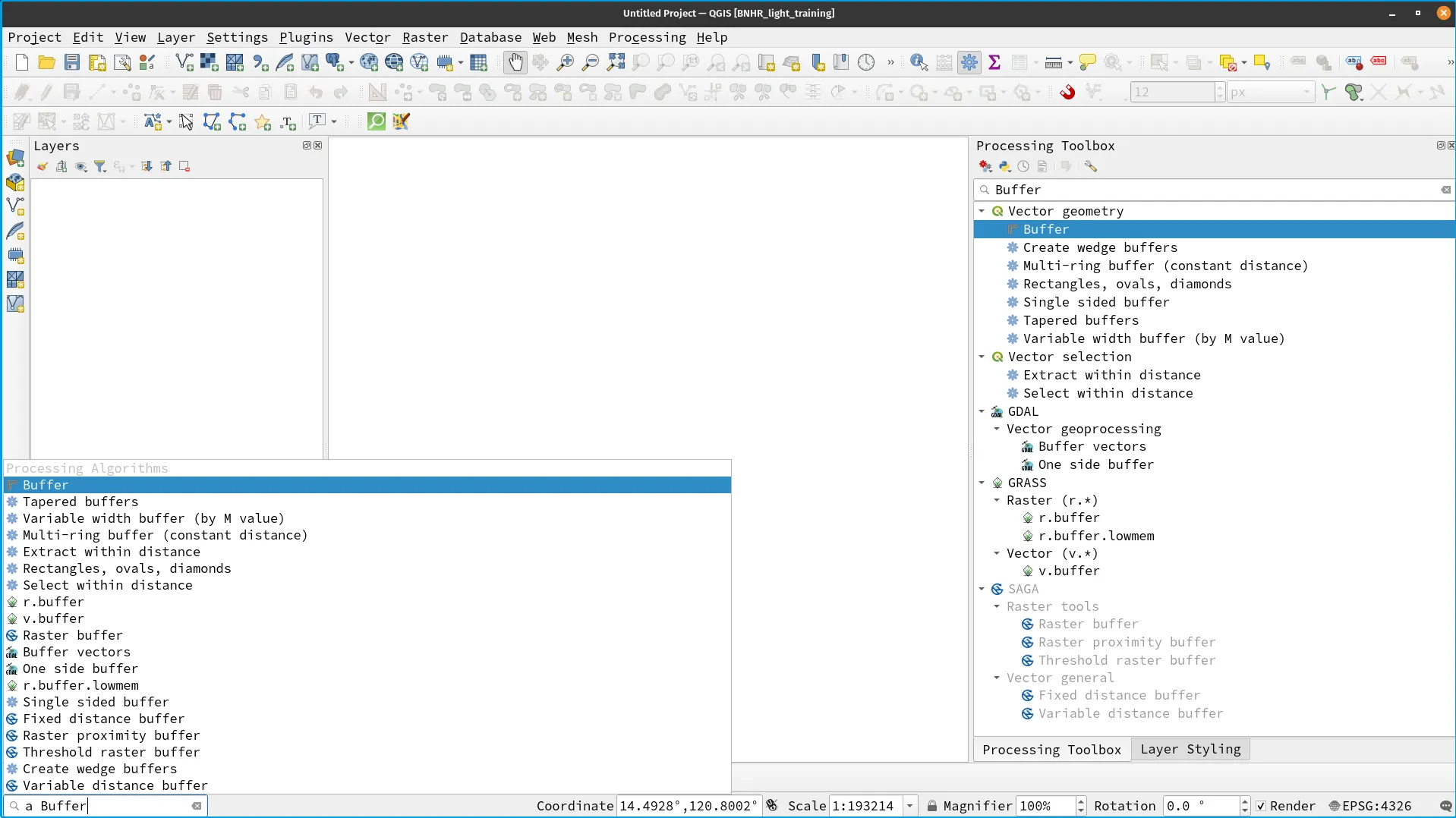 ooking for Buffer algorithms in the Locator bar and Processing Toolbox