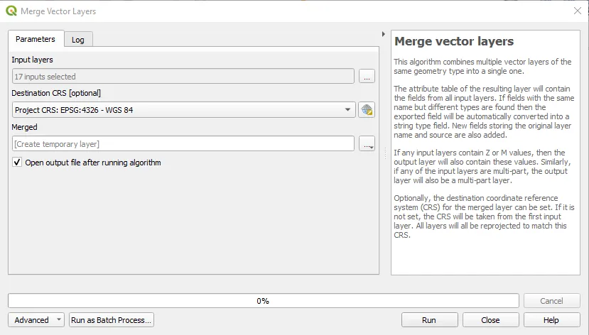 Merge vector layers parameters