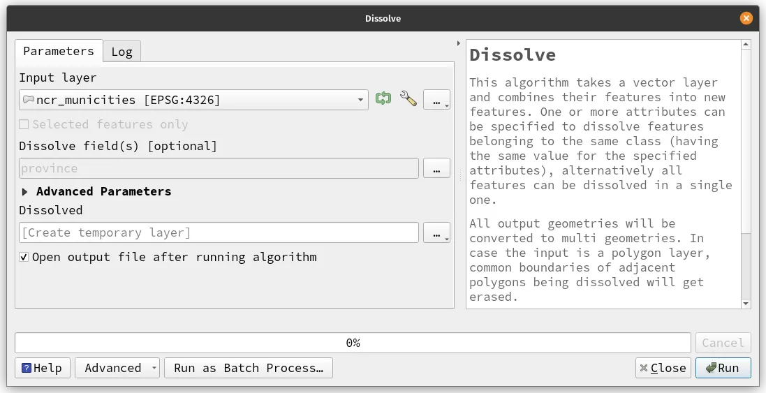 Dissolve algorithm parameters