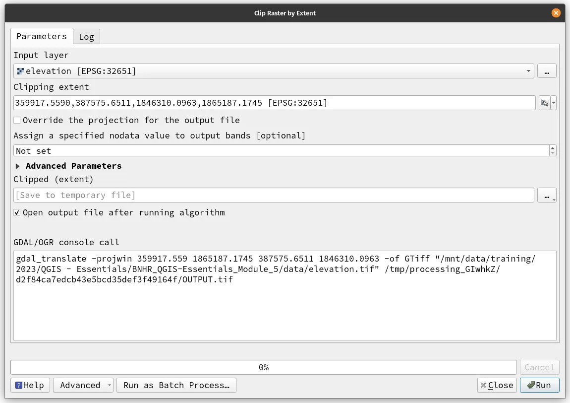 Parameters of Clip raster by extent