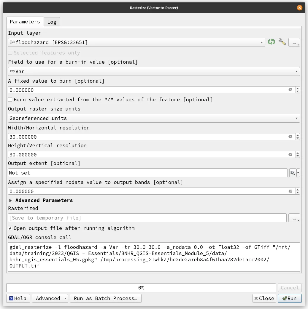 Parameters for Rasterize (Vector to Raster) algorithm