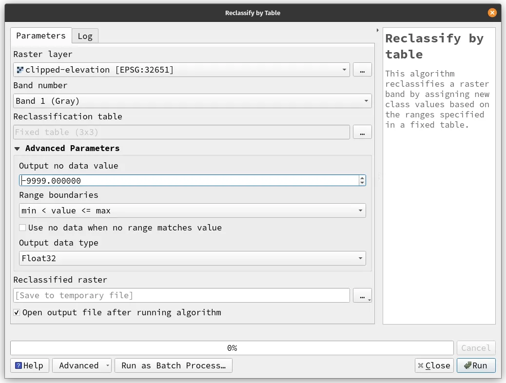 Parameters for Reclassify by table algorithm