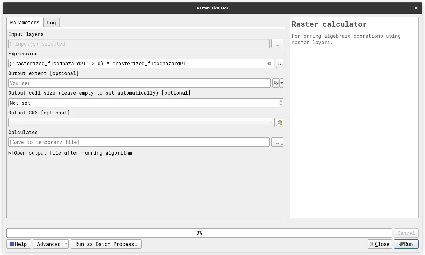 The raster calculator with the calculation formula/expression