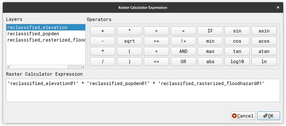 Risk computation using the raster calculator