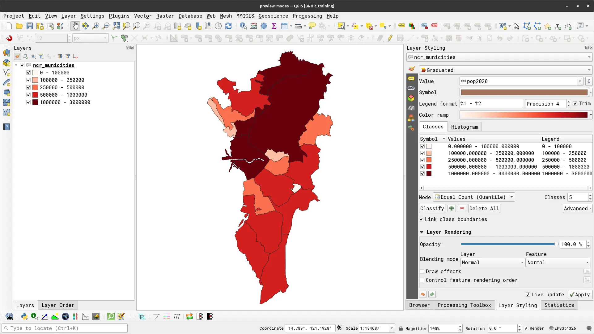 NCR municities with graduated symbology using a Reds color palette on the pop2020 field