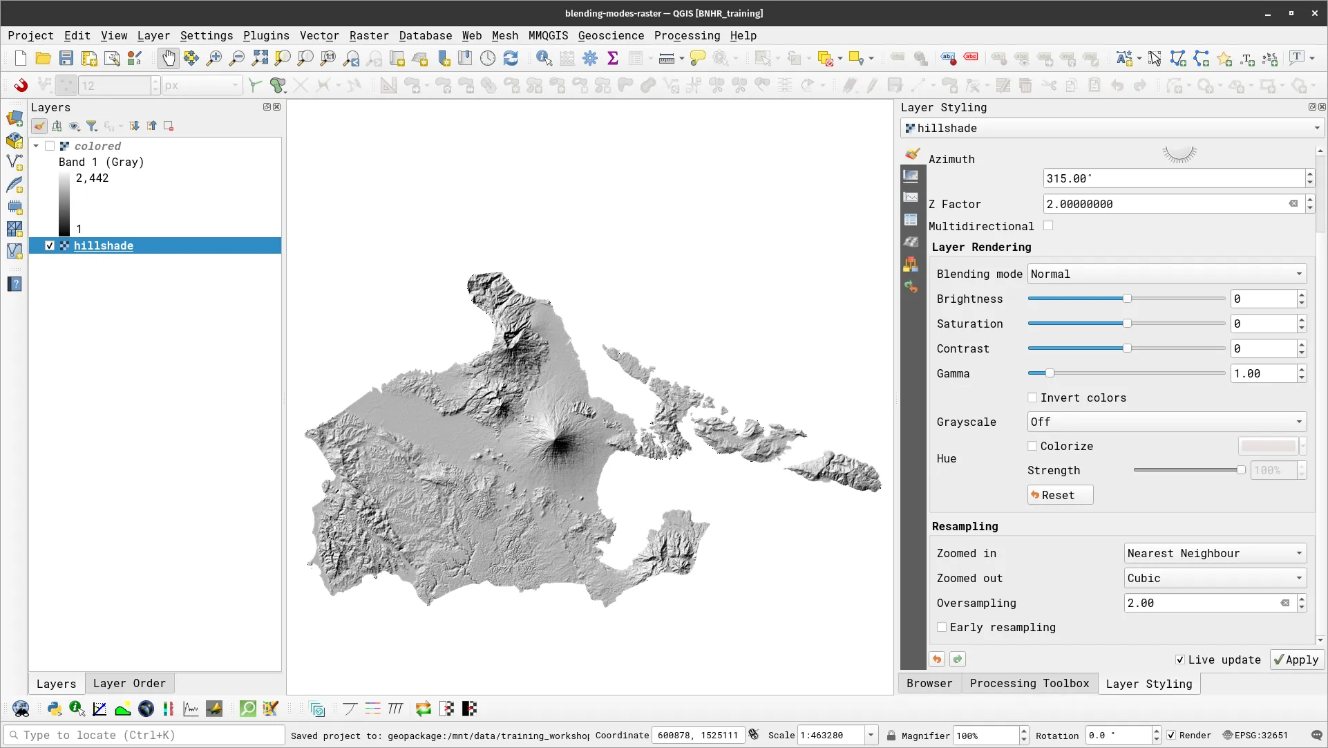 Hillshade raster styled