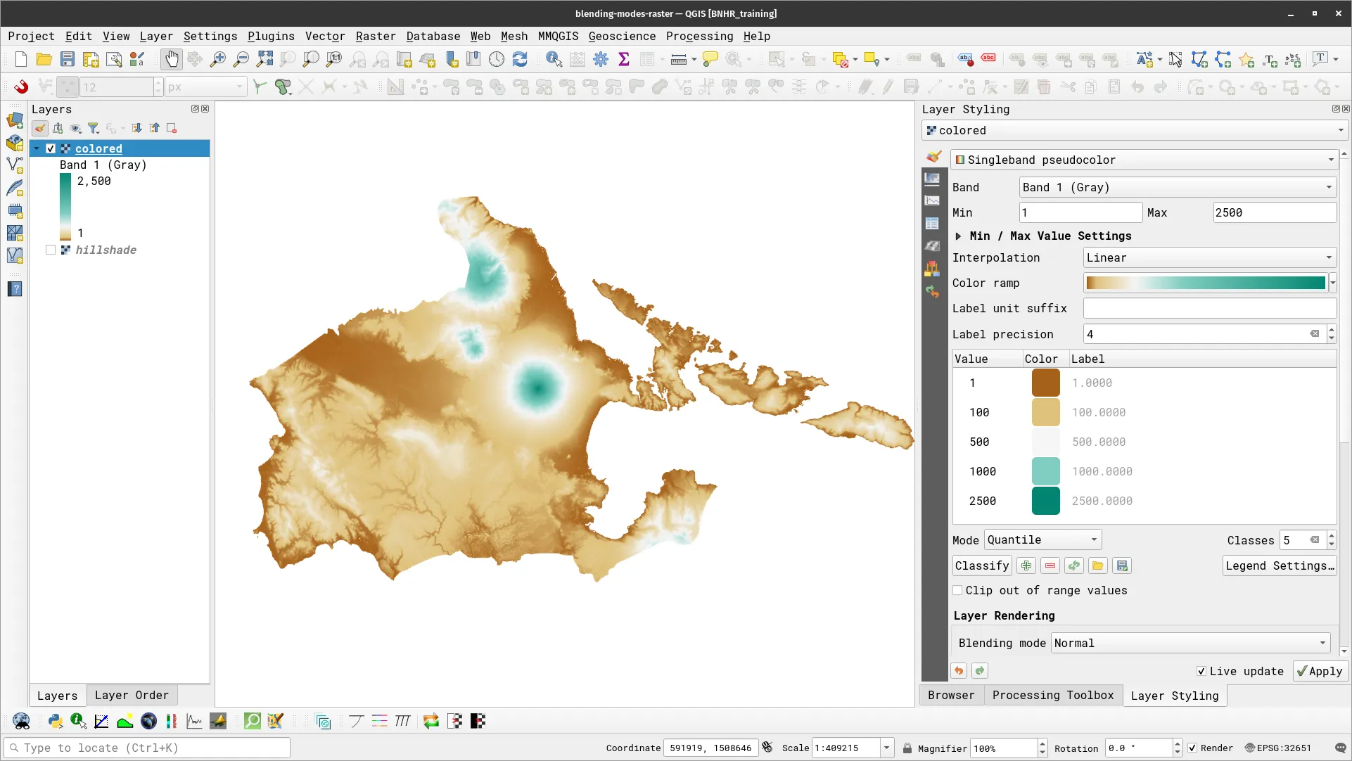 Colored DEM layer styled