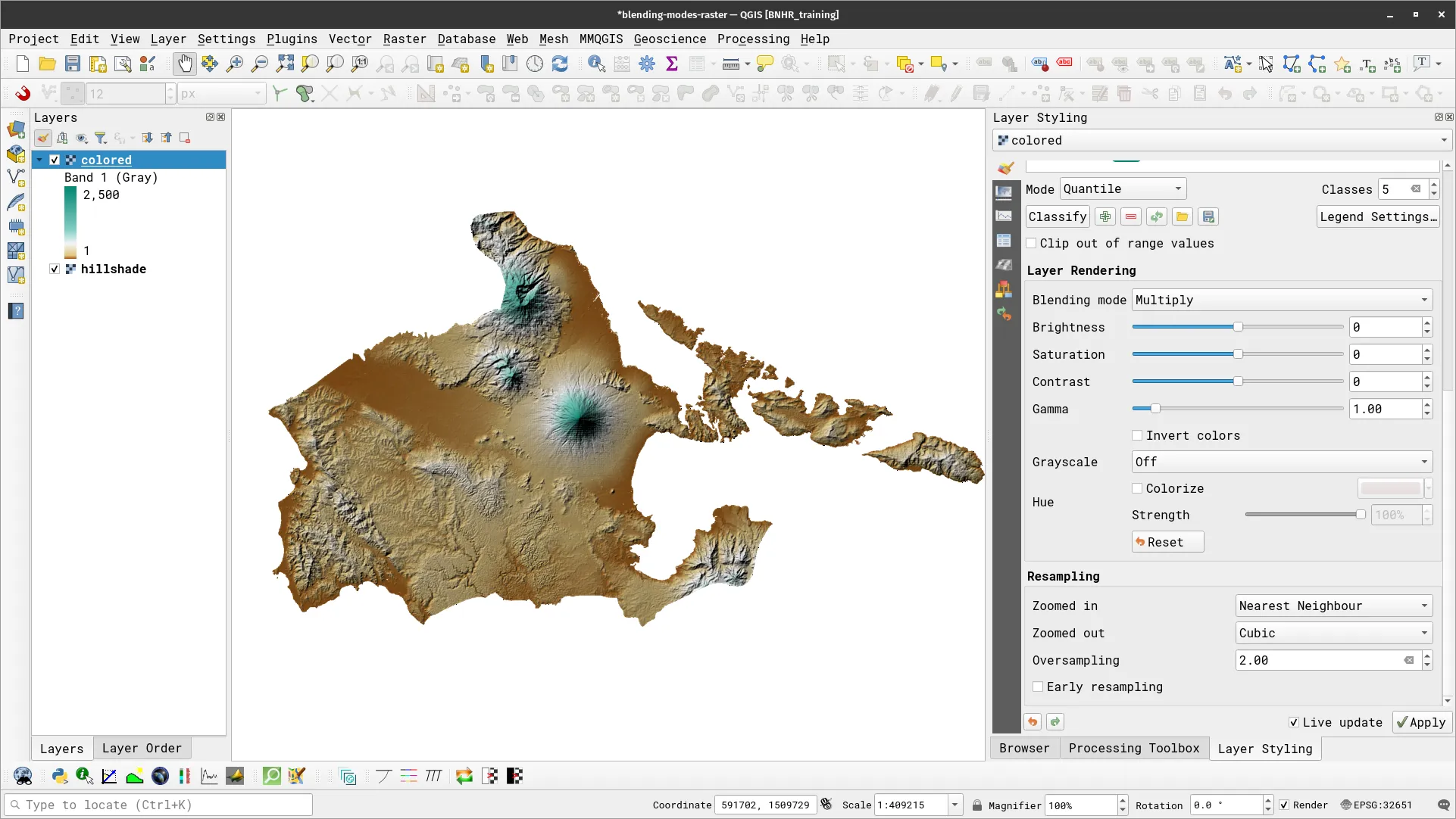 Blended (multiplied) colored and hillshade layerBlended (multiplied) colored and hillshade layer
