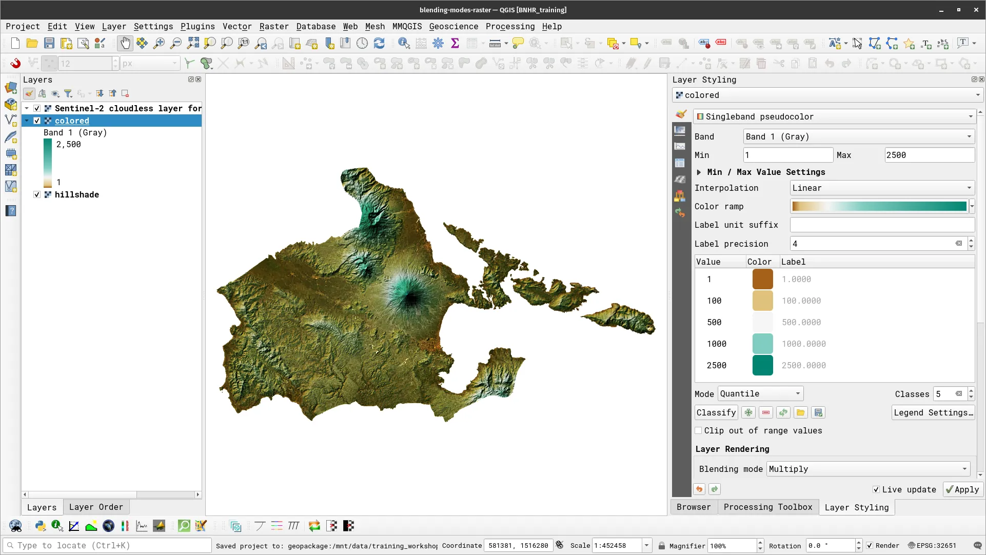 Combined colored,  hillshade, and satellite image layer