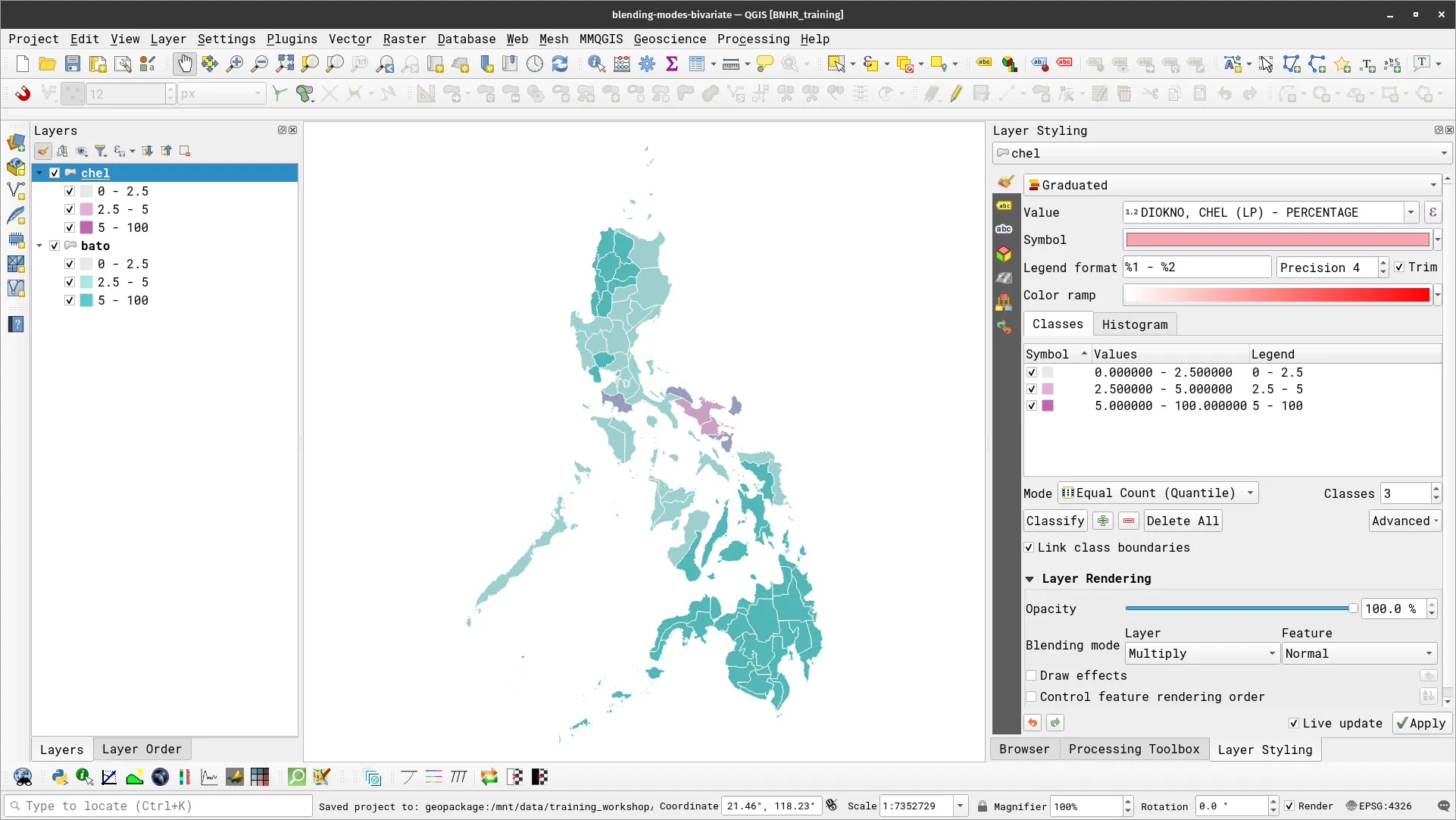 Bivariate choropleth of the percentage of votes per province garnered by Bato and Chel