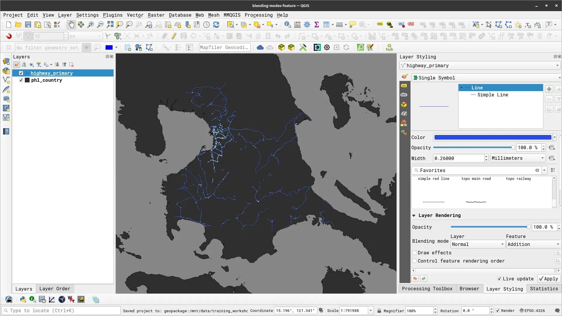The road layer with Addition blending mode on its features