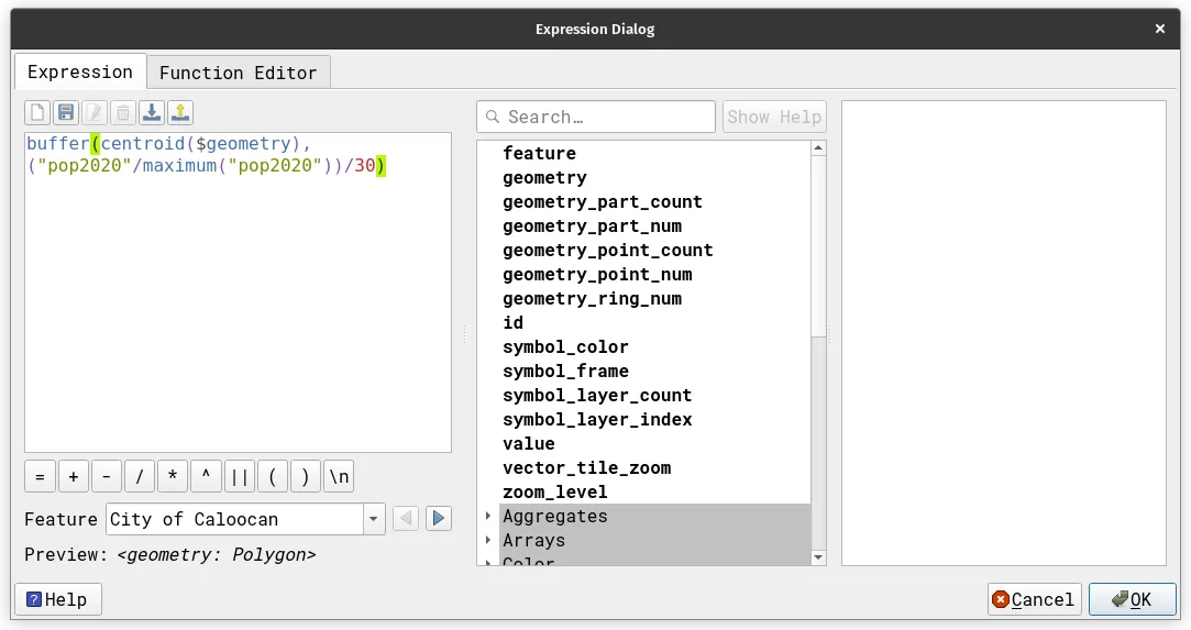 Geometry generator expression for creating a buffer from the centroid of a polygon
