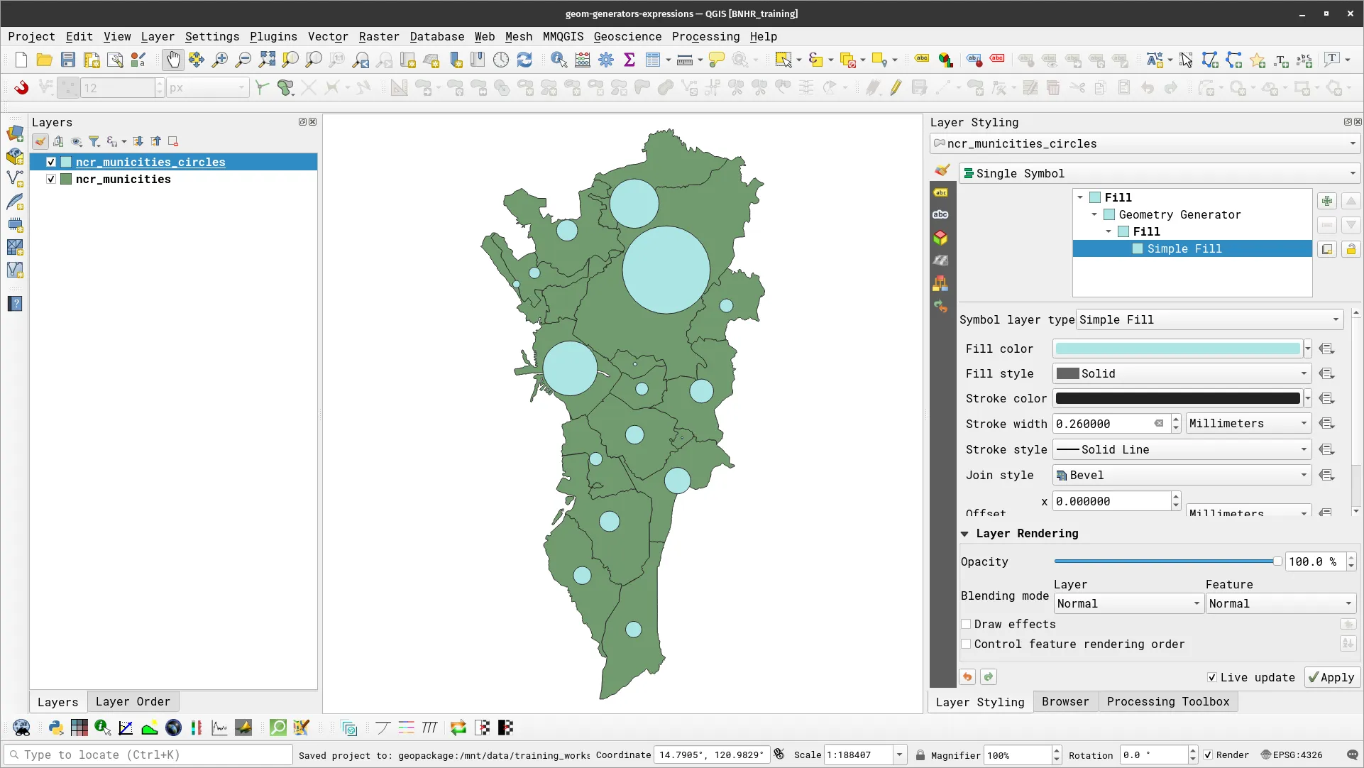 ncr_municities polygon layer styled as variable-size circles