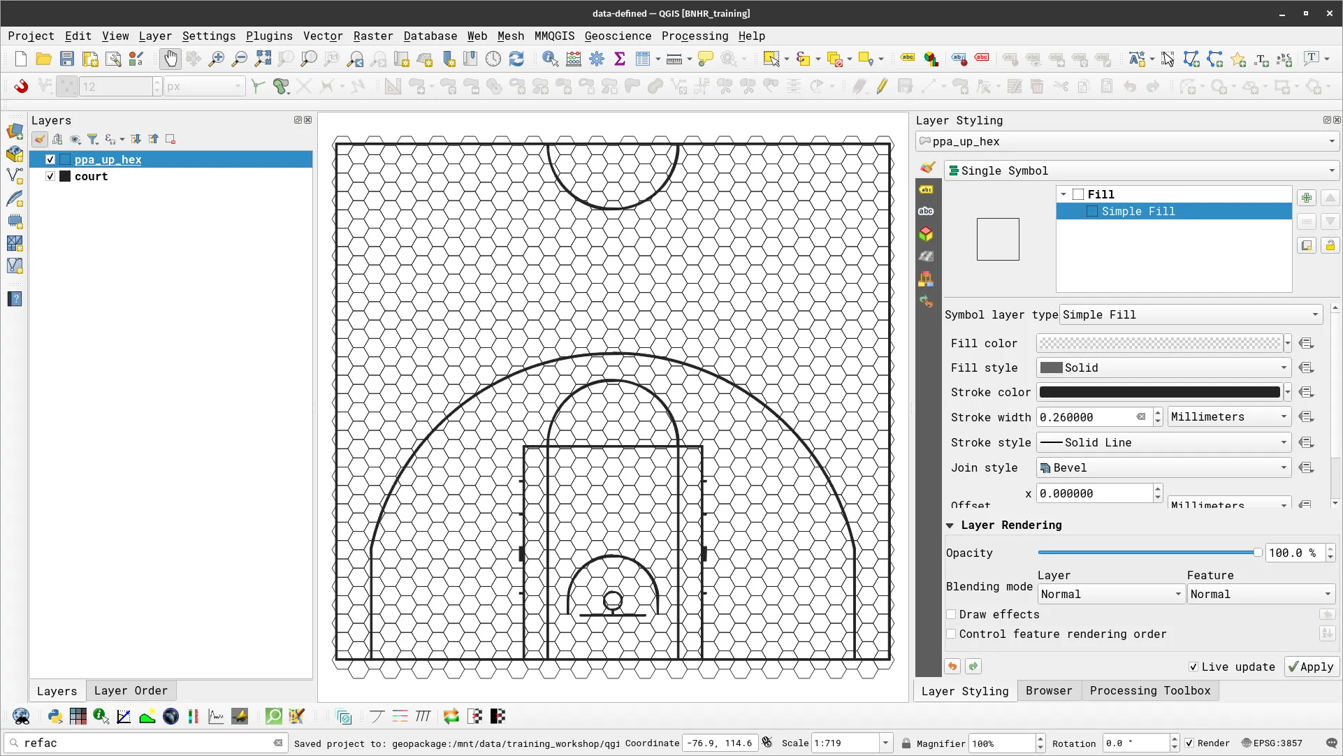 The court and ppa_up_hex layer loaded in QGIS