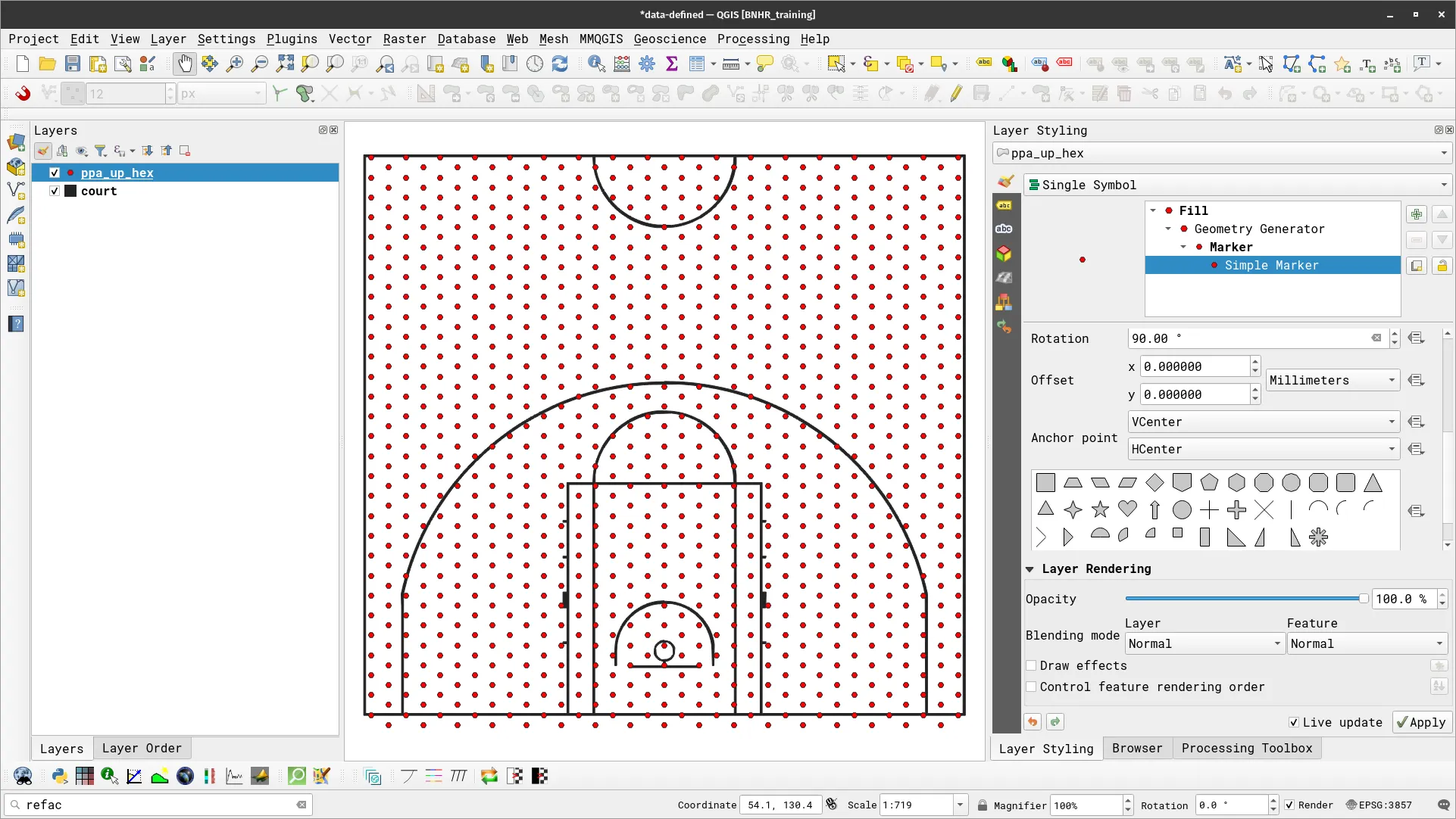 The ppa_up_hex layer styled with hexagonal markers as centroids
