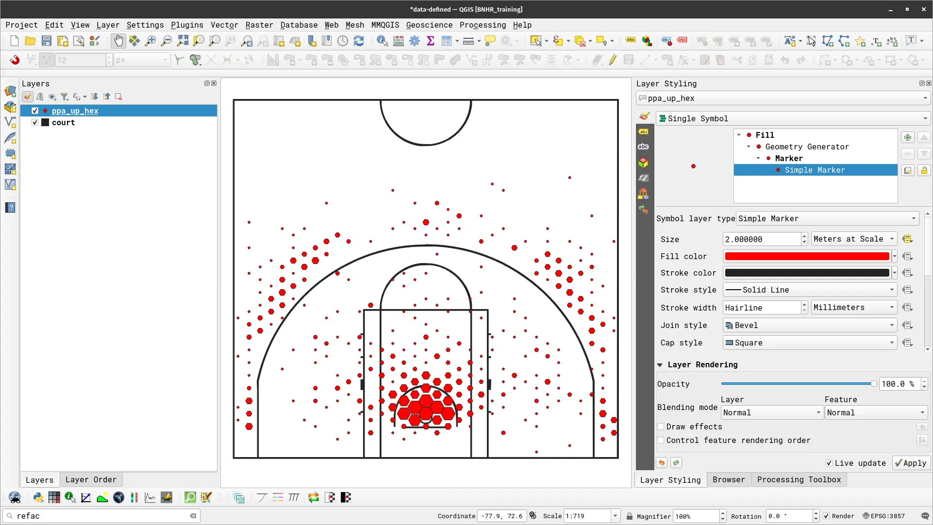 The ppa_up_hex grid with hexagon size showing the number of field goal attempts