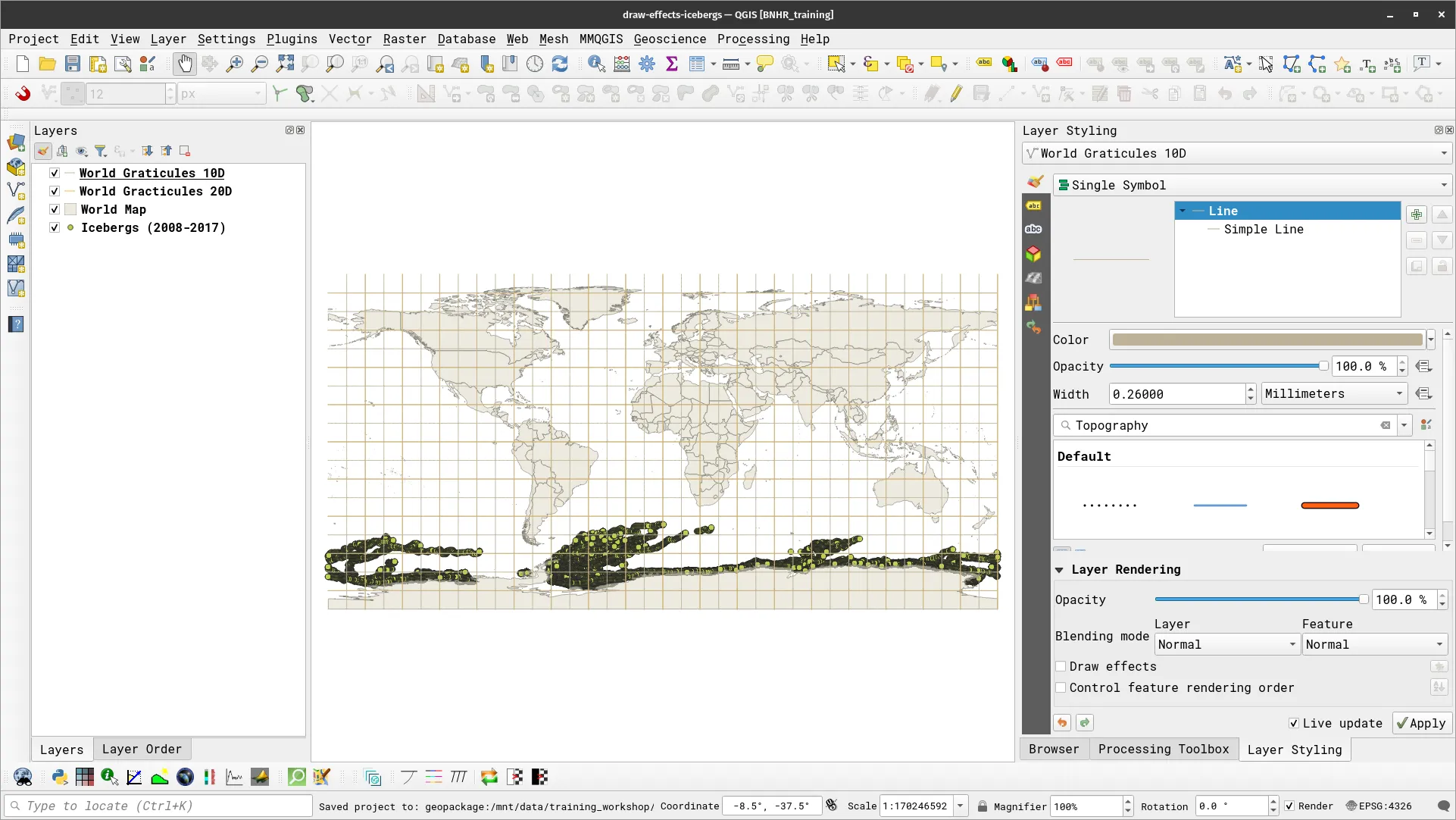 The world, icebergs, and graticule layers loaded in QGIS