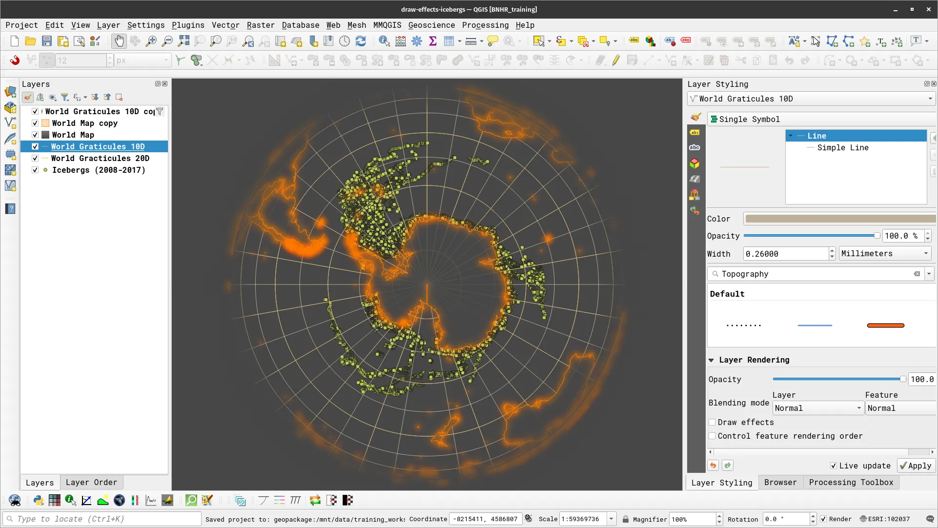 Outermost graticule styled to blur the edges of the map