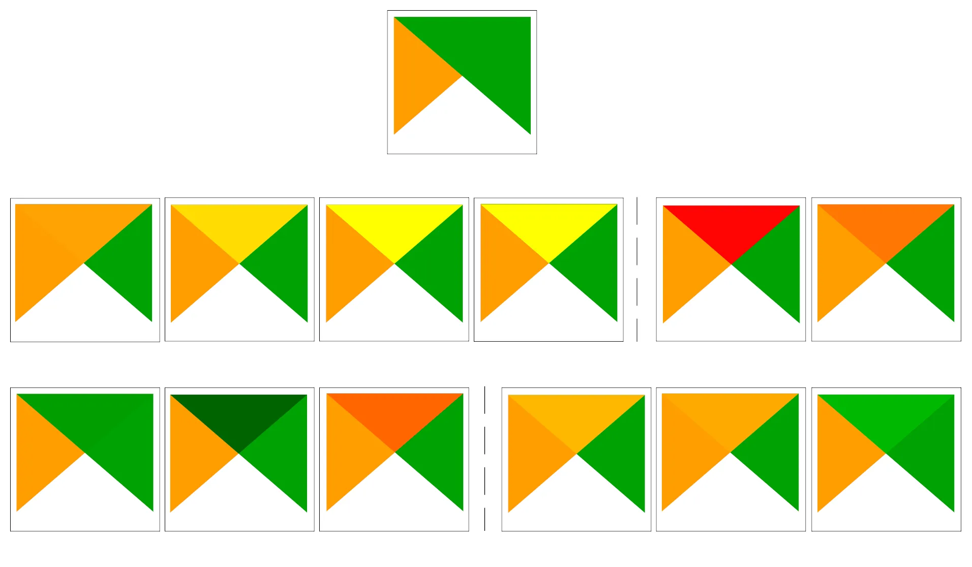 Examples of blending modes applied to a green feature over an orange feature (from the QGIS user manual)