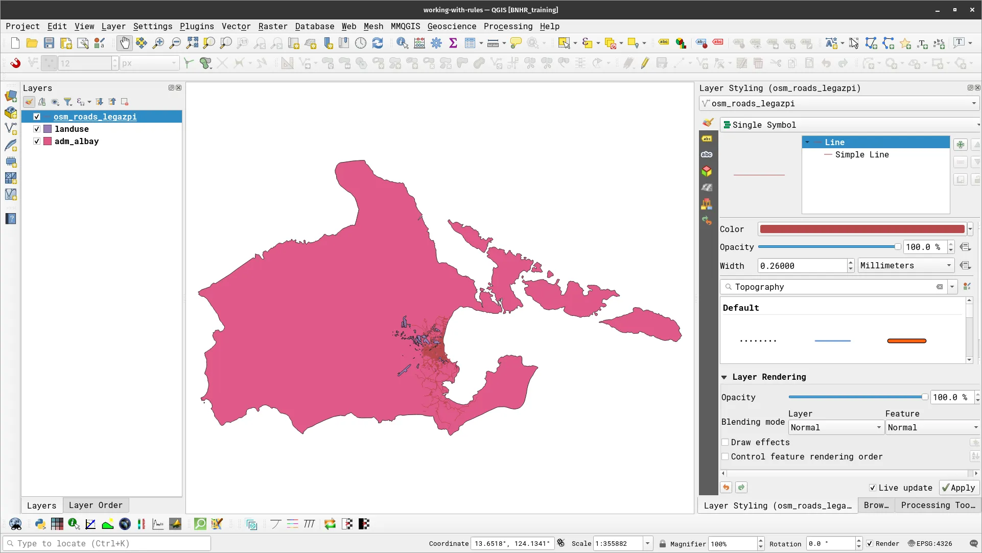 Land Use, Albay admin boundary, and OSM roads in Legazpi
