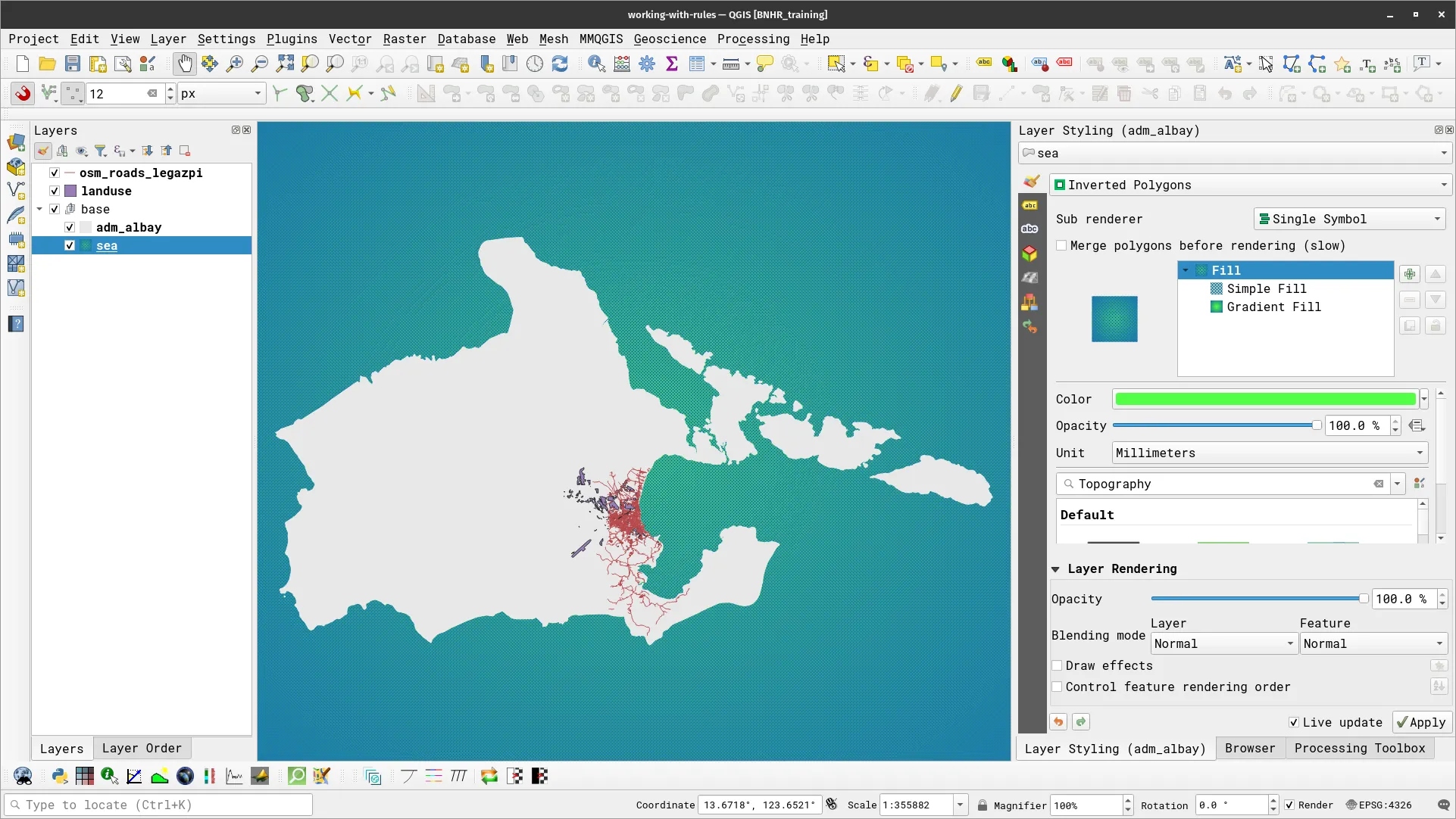 The adm_albay and sea layers styled