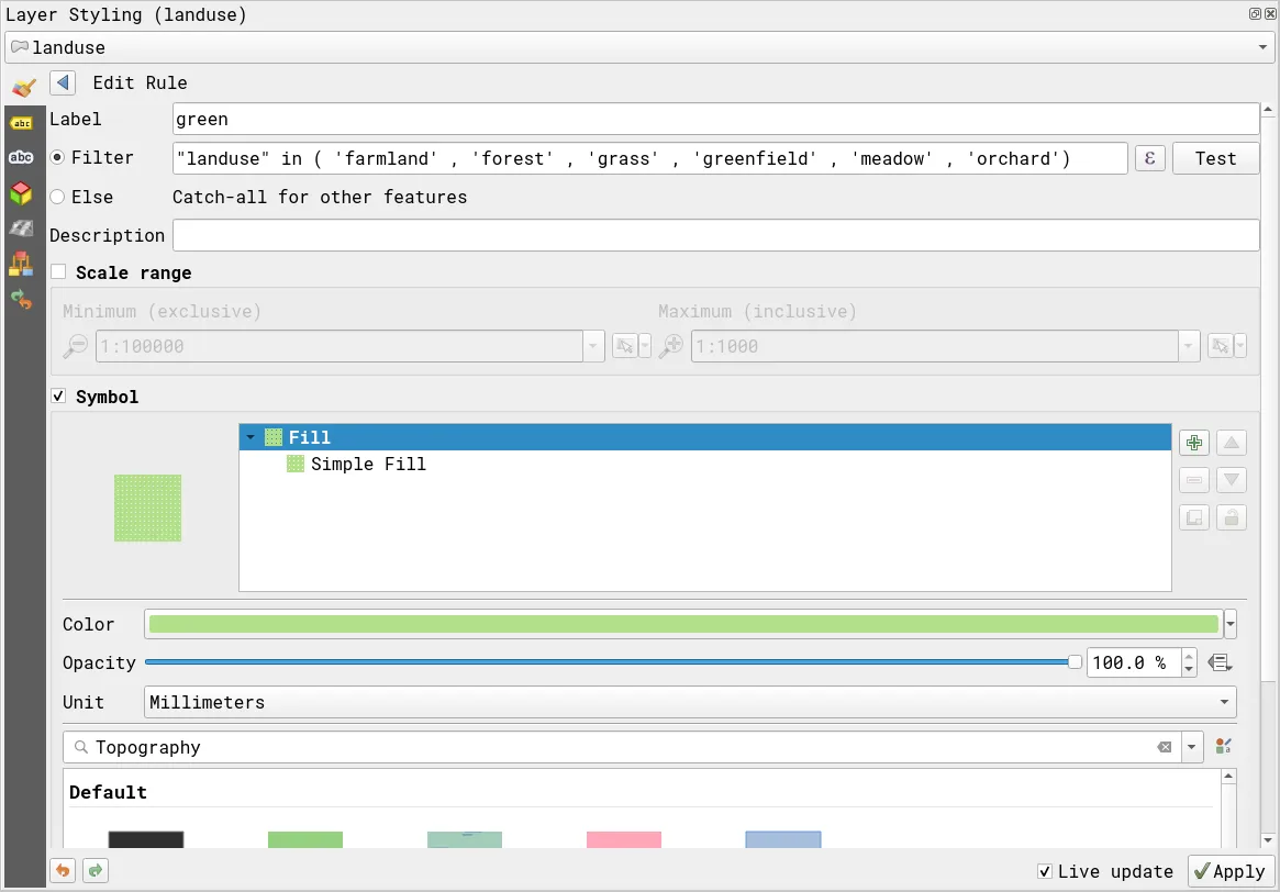 Simple rule-based symbology for "green" landuse