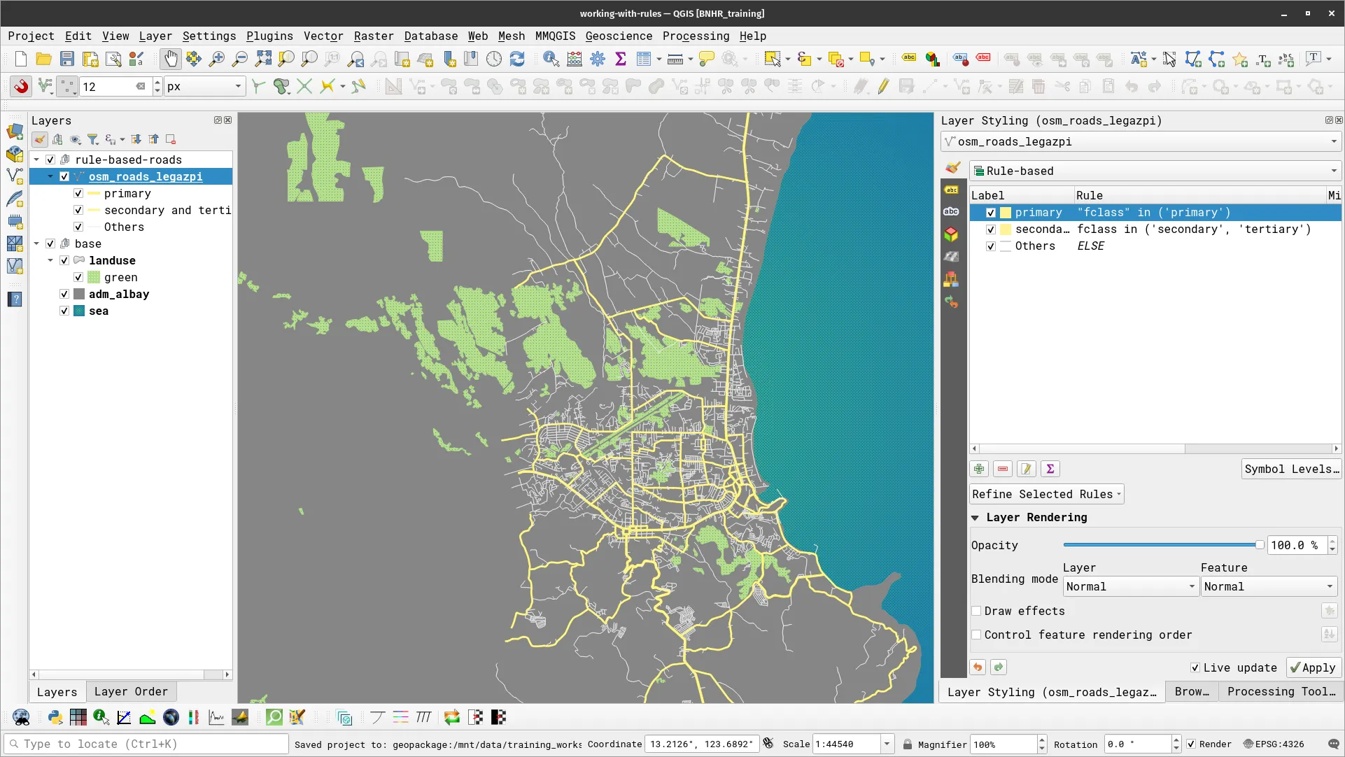 Road layer styled using rule-based symbology