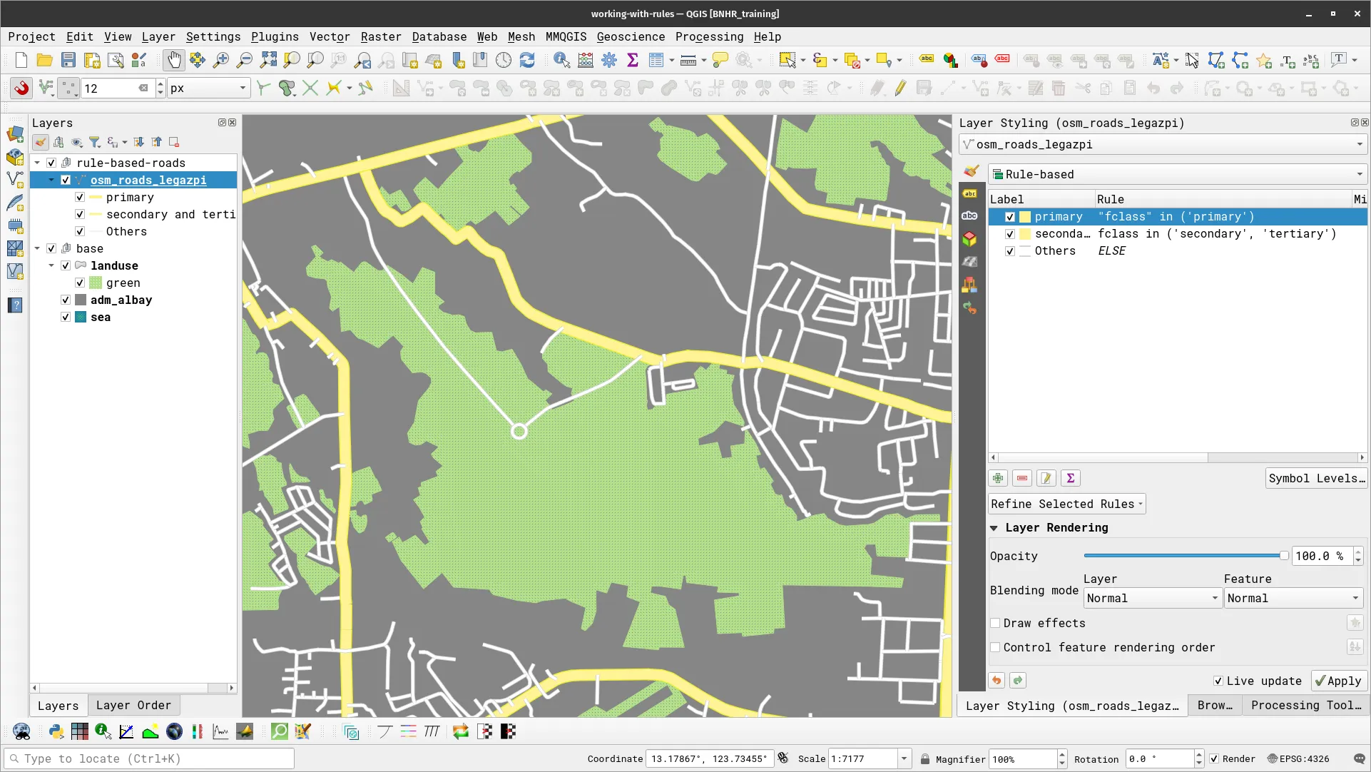 Zoomed in road layer. Notice the poor overlapping of the different features and symbols.