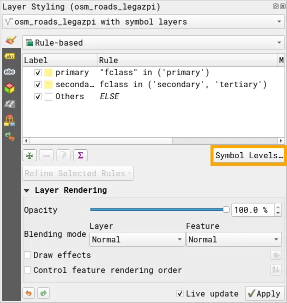 Opening the Symbol Levels dialog