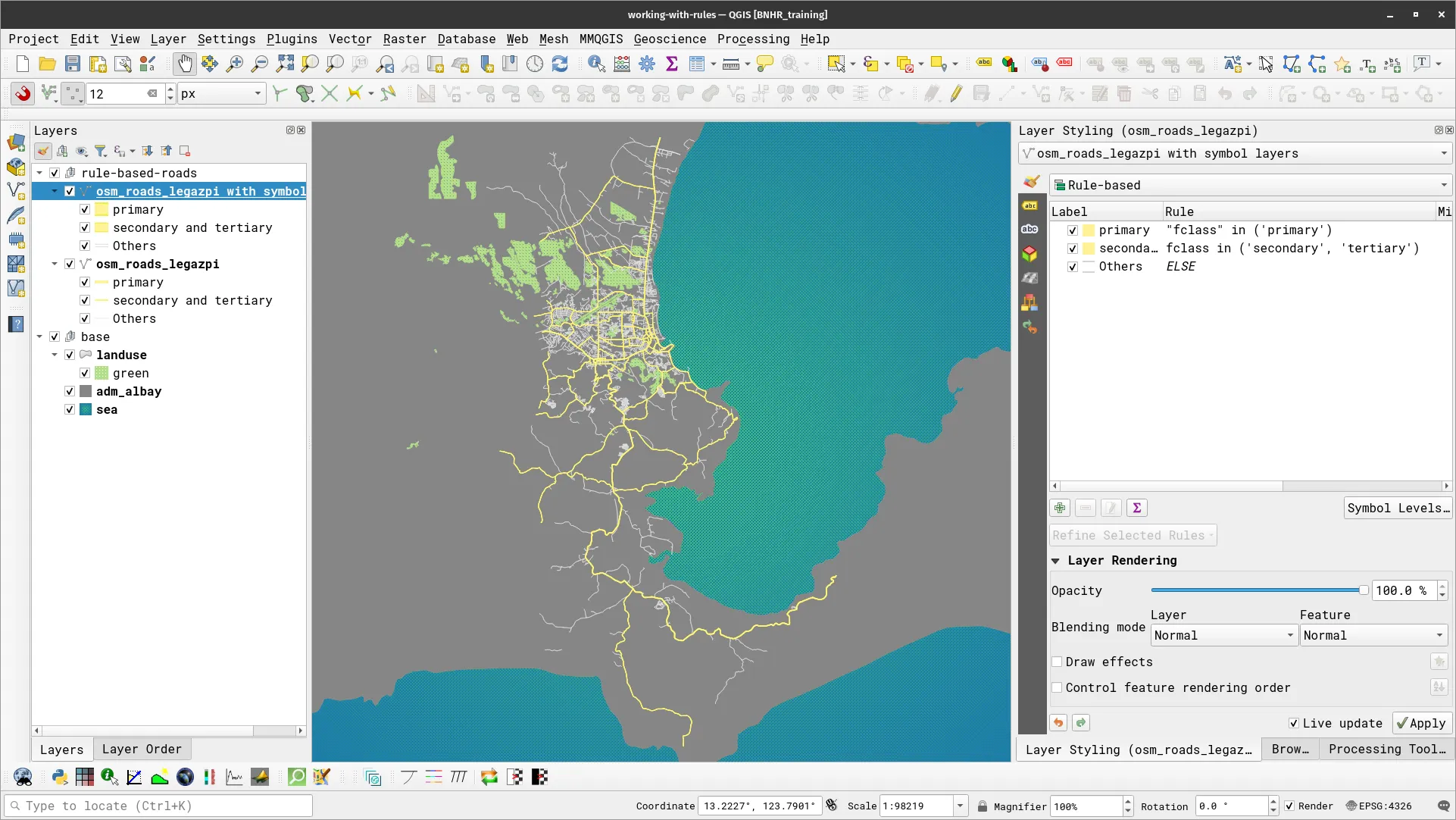 Road network data styled using rule-based symbology with symbol levels applied